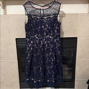 Eliza J Navy Lace Midi Dress with Sheer Polka-Dot Yoke